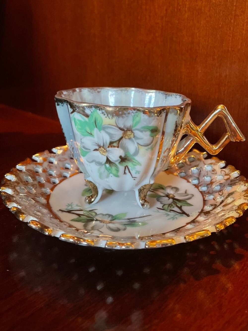 Lovely Footed Demitasse Cup w/Dogwood Design and Matching Reticulated Saucer